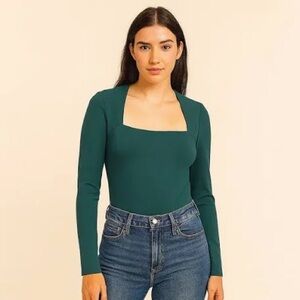 Abercrombie & Fitch Square-Neck Long-Sleeve Bodysuit in Teal